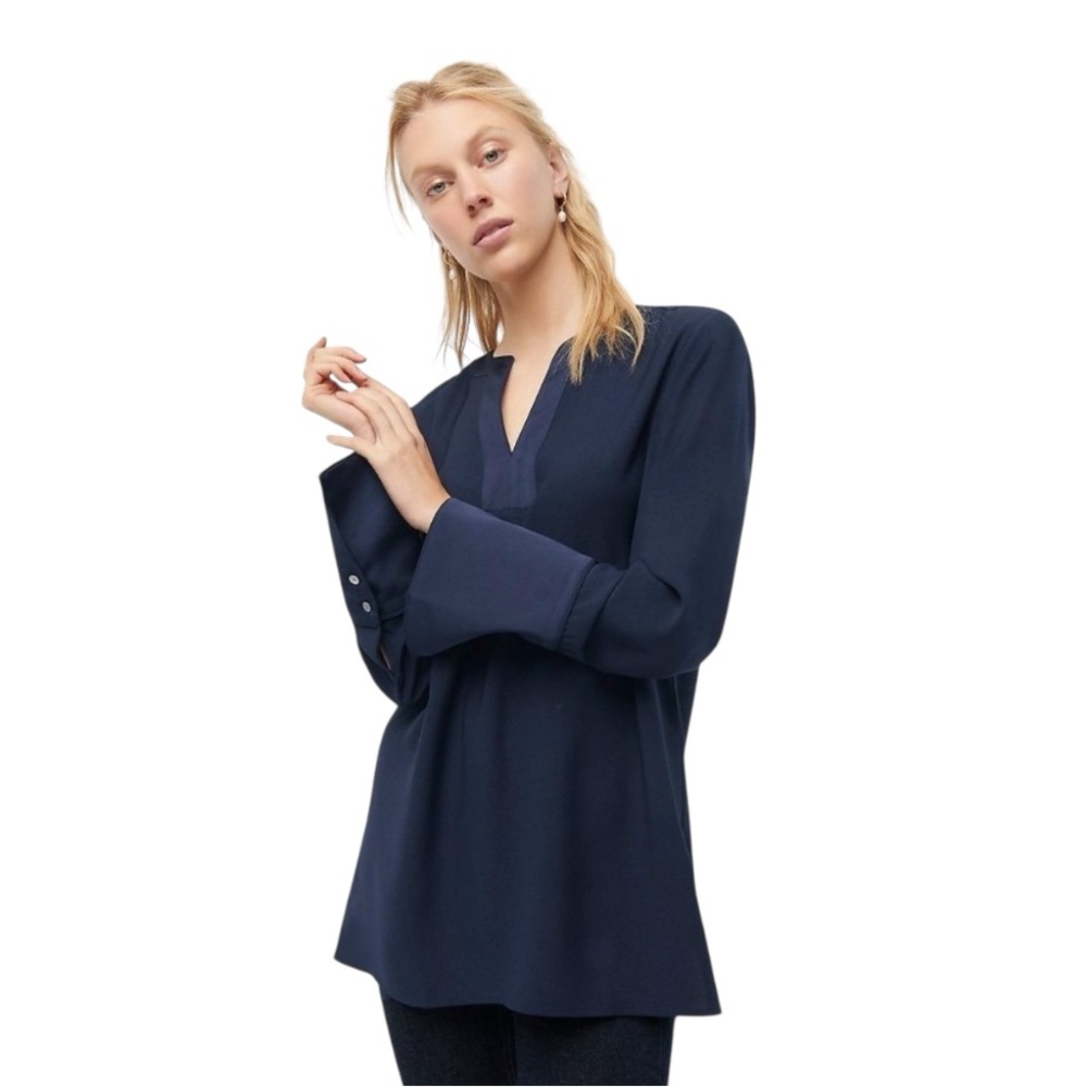 J. Crew Top Deep Navy Blue V-Neck Tunic Satin-Backed Crepe Size Medium